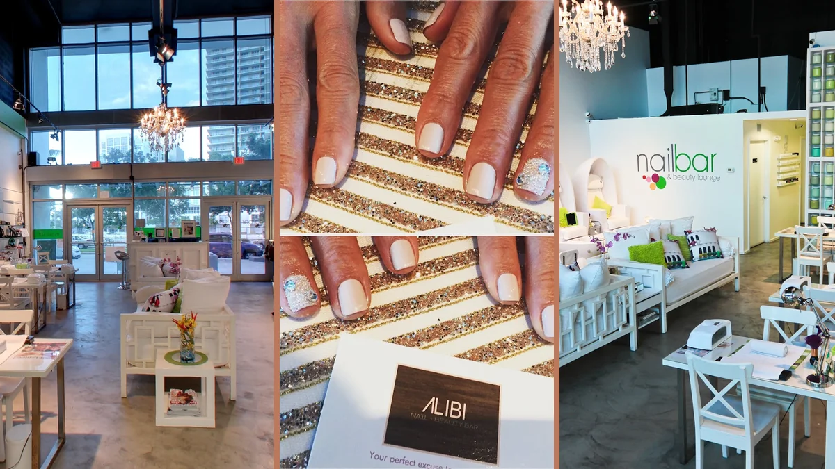 Spa-style salon room with nail care stations.
