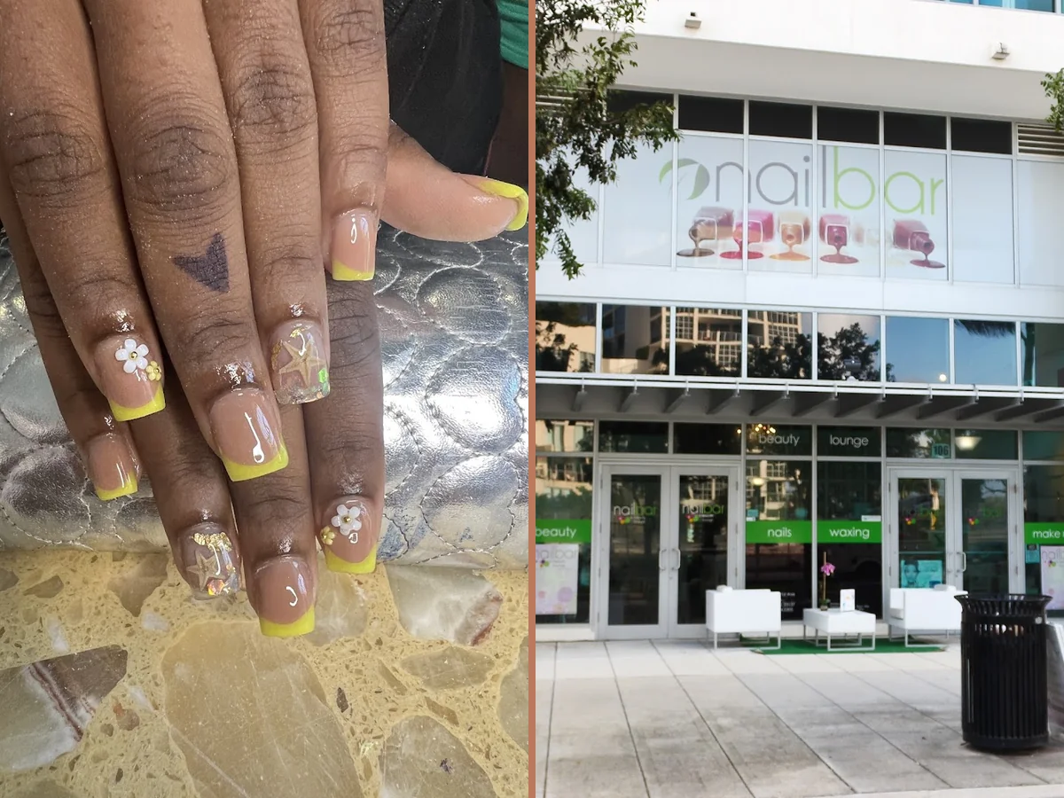 Nail salon station with manicure tools and polish bottles.