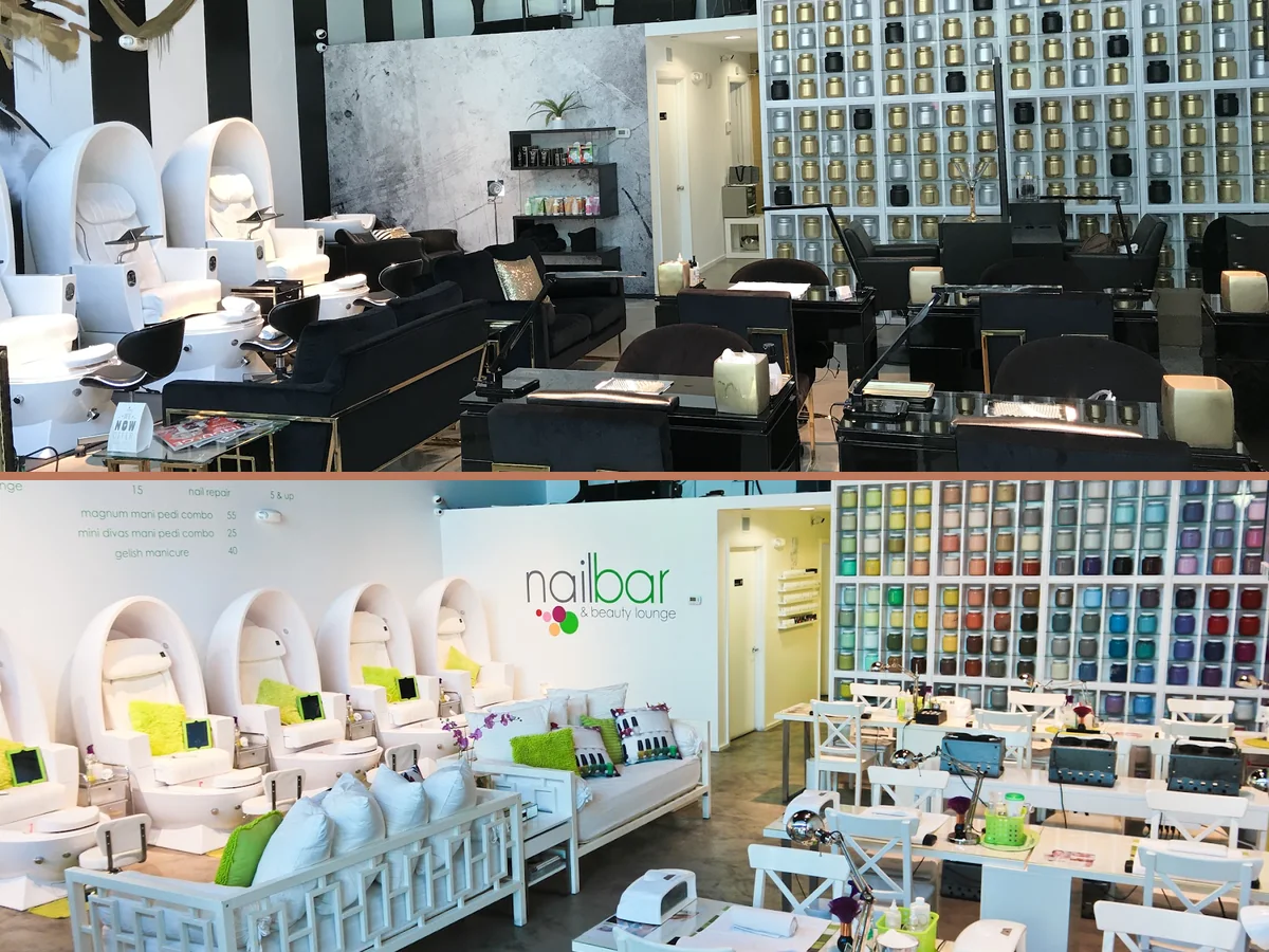 Spa-style salon room with nail care stations.