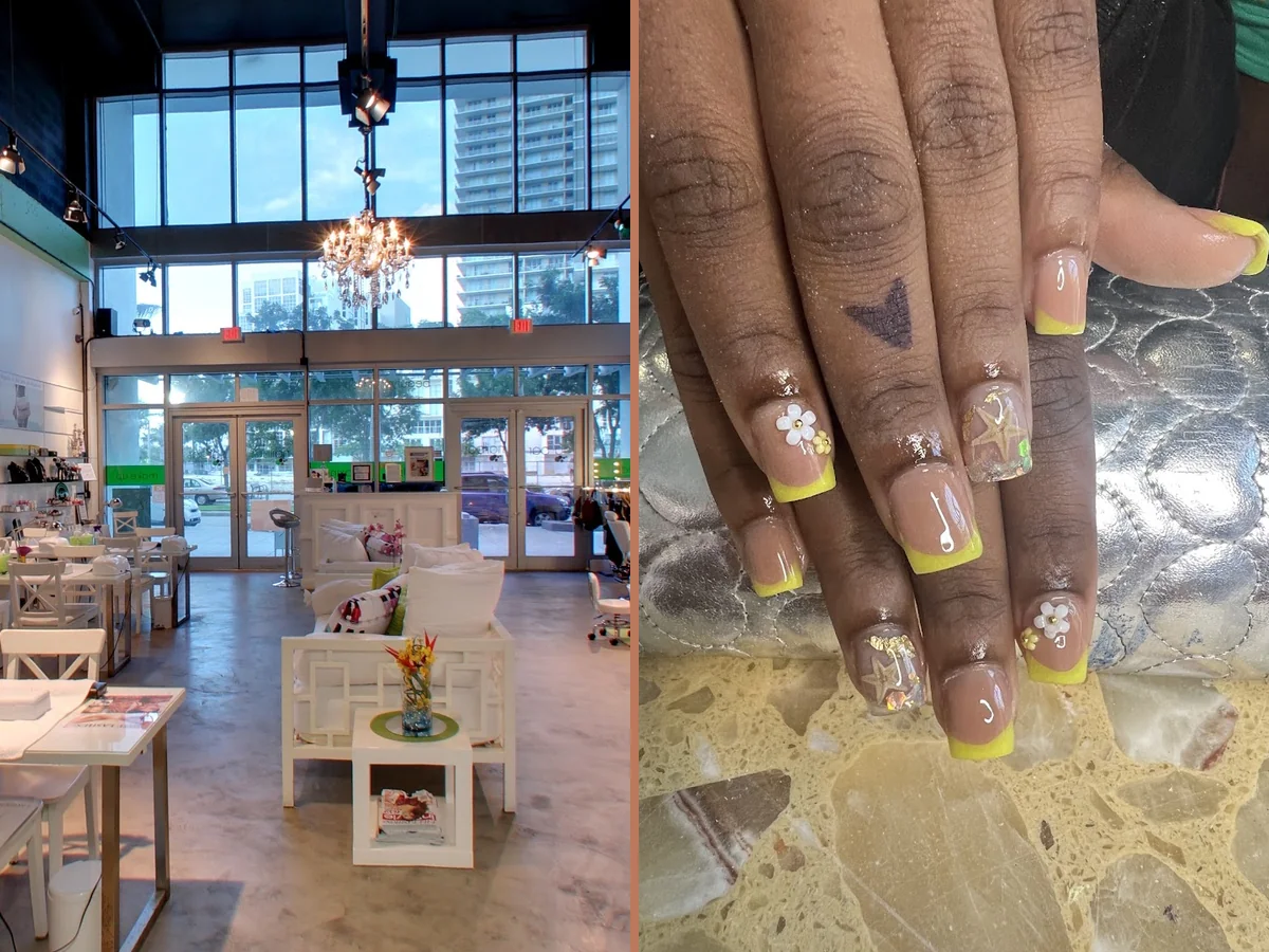 Nail salon station with manicure tools and polish bottles.